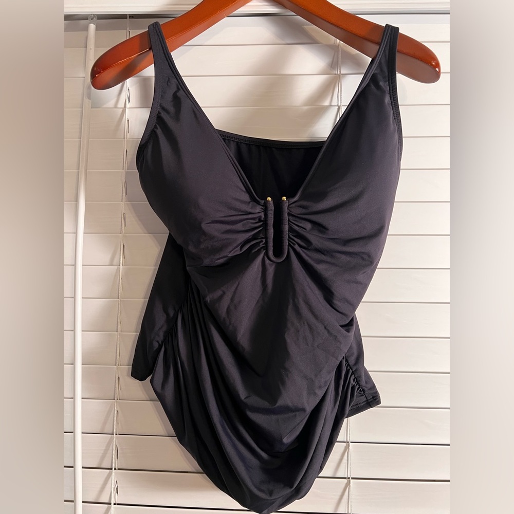 NWT Bleu by Rod Beattie Plunging Ruched Tankini Top Black 12